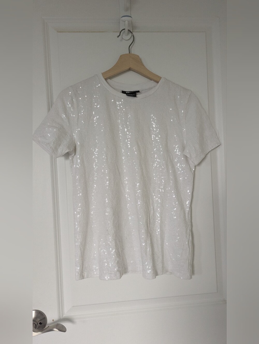DKNY White Sequined Short Sleeve Tee Top - Size Small